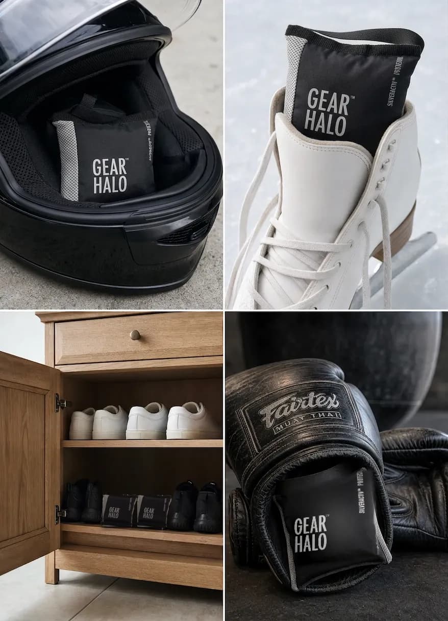 GEARHALO pods in a motorcycle helmet, a skating boot, a shoe cabinet and a Muay Thai glove